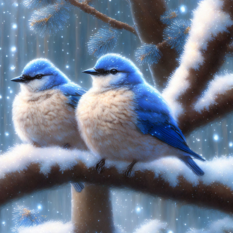 Vibrant blue birds on snow-dusted branch with falling snowflakes
