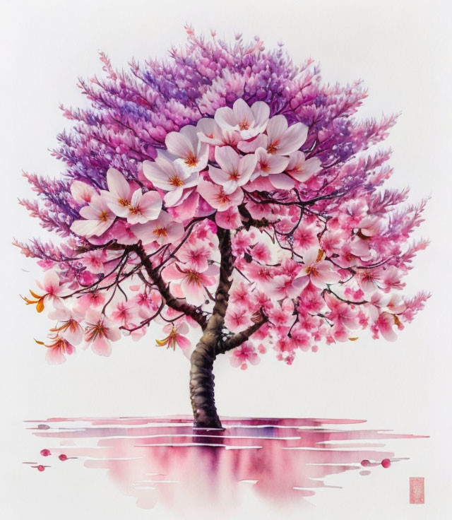 Vibrant cherry blossom tree painting with pink and purple hues and seal stamp