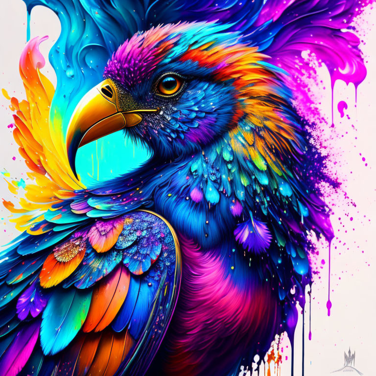 Colorful Bird Illustration with Dynamic Splashes and Drips