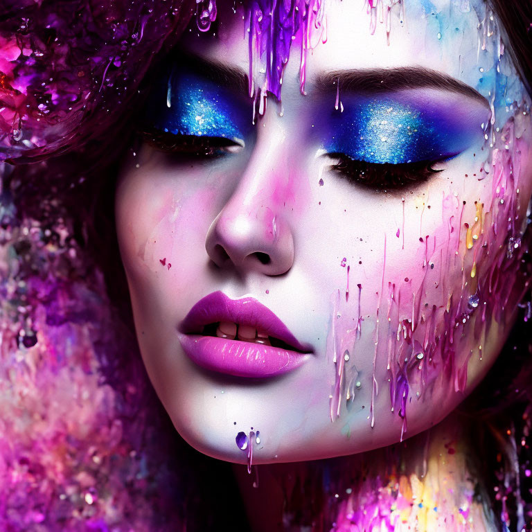 Vibrant purple and blue makeup on woman's face under glittering purple hood