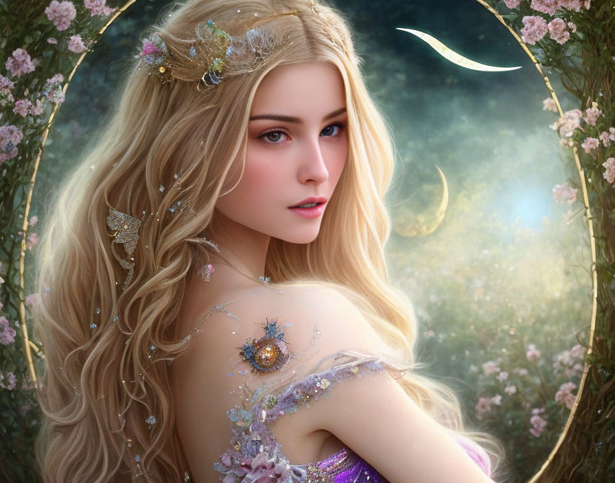 Fantasy digital artwork of blond woman with floral adornments in mystical setting