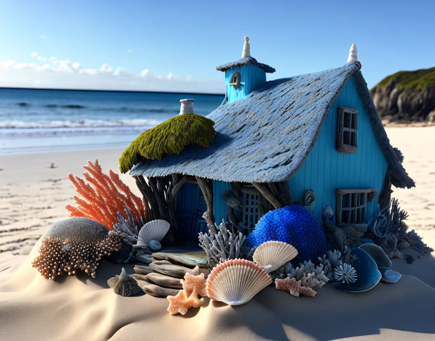 Blue Cottage with Moss Roof on Sandy Beach with Coral and Starfish