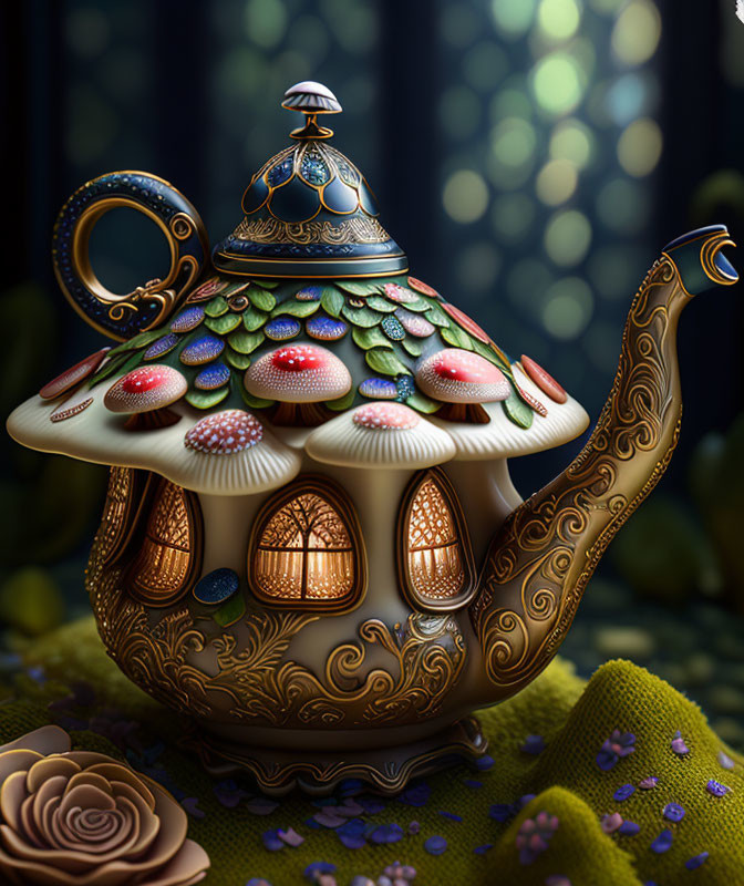 Illustrated ornate teapot with mushroom cap lid and cozy house windows in dreamy background.