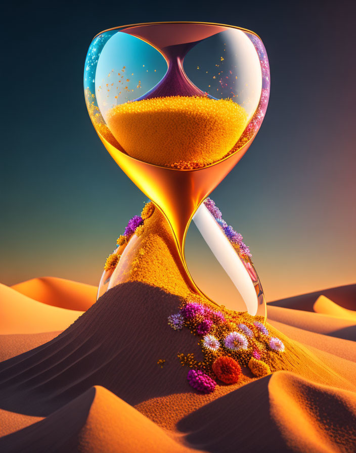 Hourglass with flowing sand in desert dunes under gradient sky with colorful flowers.