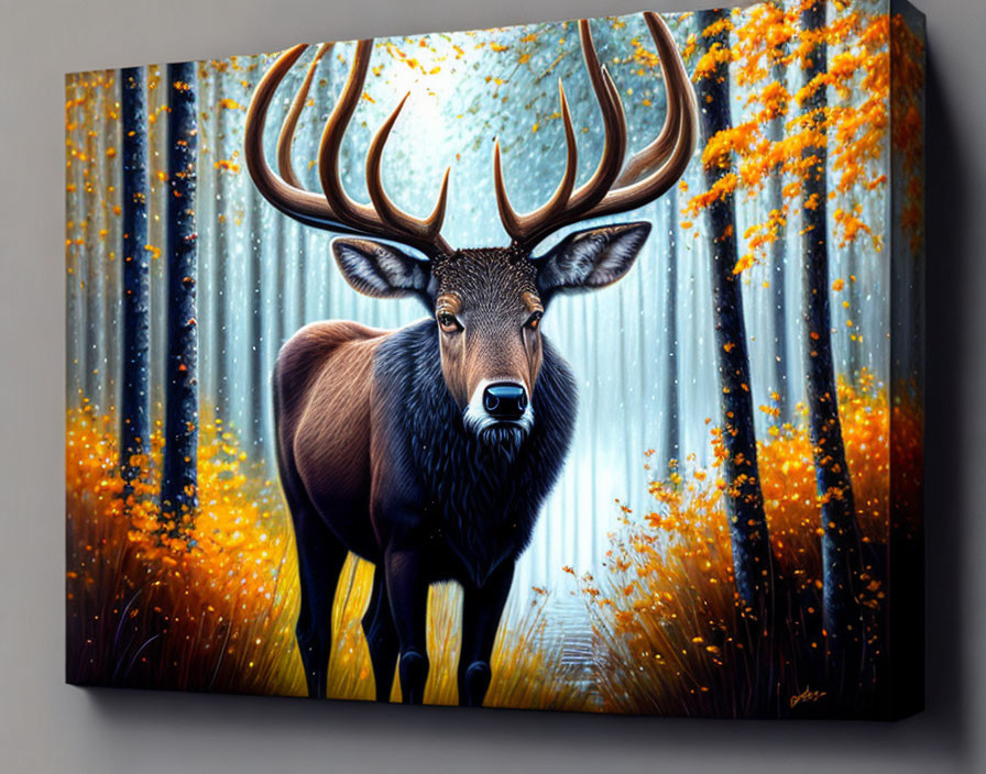 Majestic stag in whimsical forest with blue and golden hues