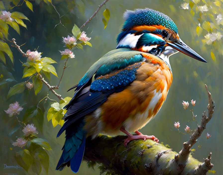 Colorful kingfisher on branch with pink blossoms