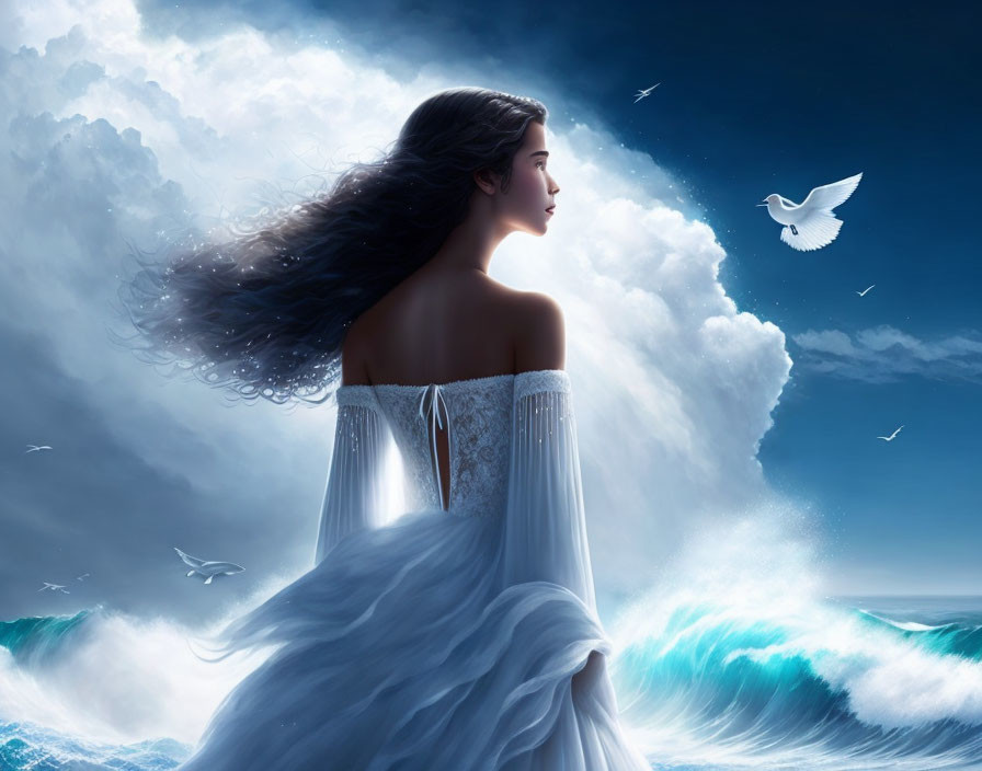 Woman in white dress gazes at turbulent ocean waves and dramatic sky with flying birds.