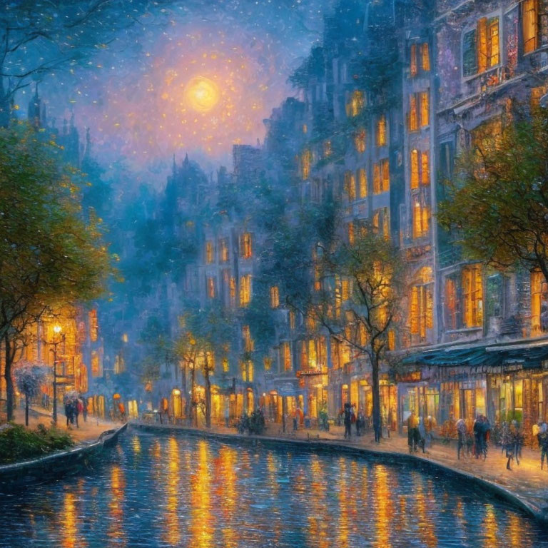 Scenic evening scene: glowing street, canal reflection, buildings, people under amber sky