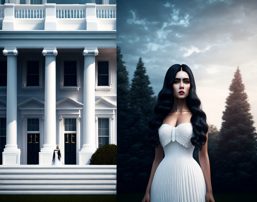 Elegant Woman in White Dress at Stately Building with Dramatic Sky