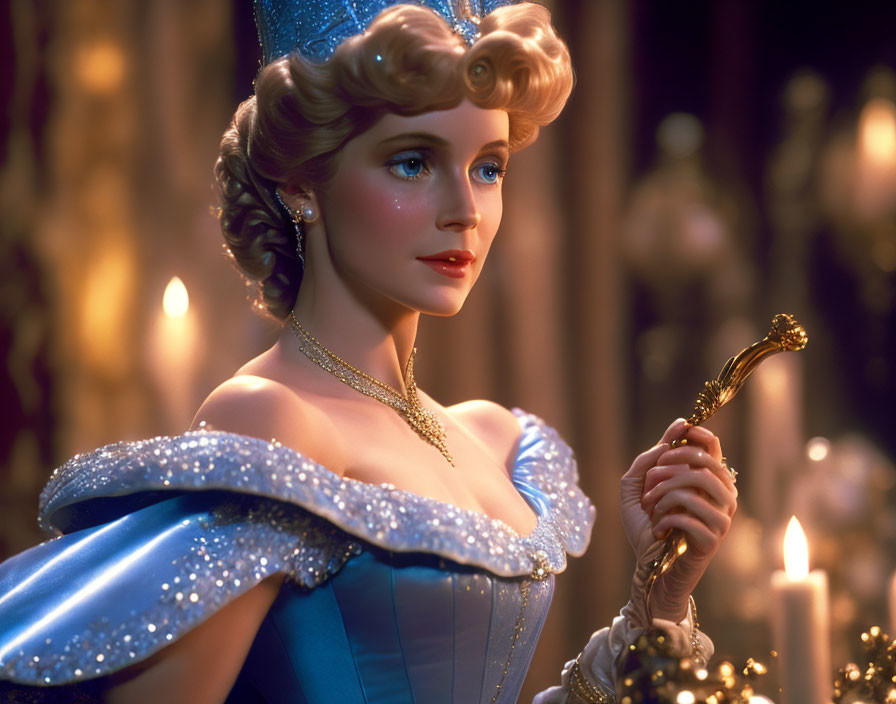 Animated character in blue gown and tiara with candles in background