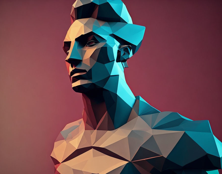 Stylized polygonal human male bust on red background
