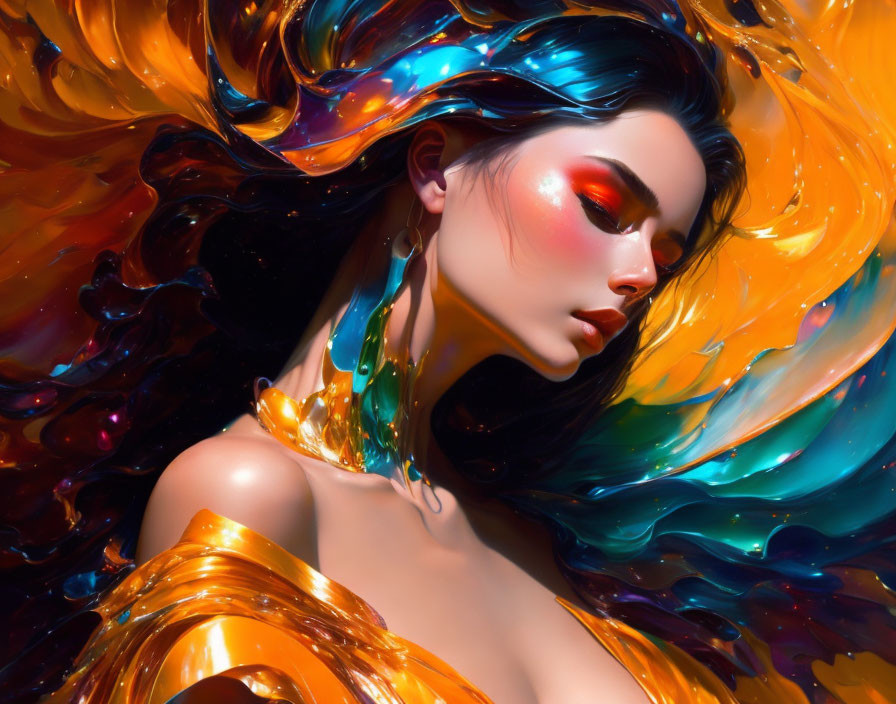 Colorful digital artwork: Woman with vibrant, swirling hair and gold liquid flow