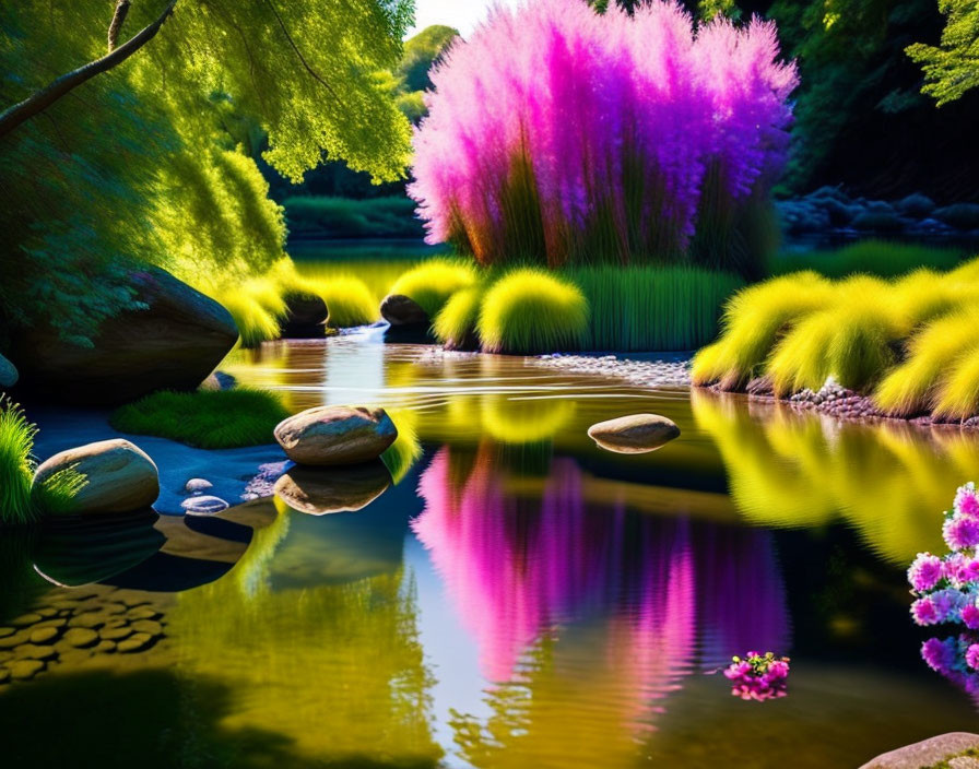 Colorful flora and mirror-like water in vibrant nature scene