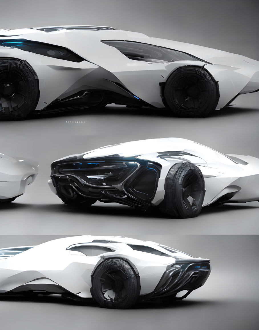 Sleek white futuristic car with bold black wheels and advanced aerodynamics