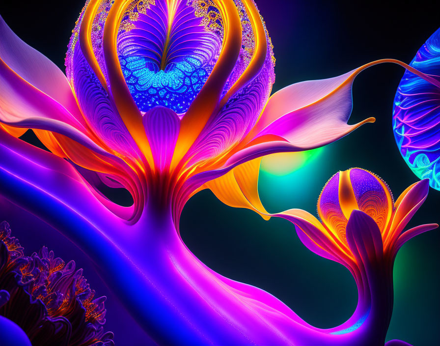 Colorful Neon Floral and Fractal Art on Dark Background