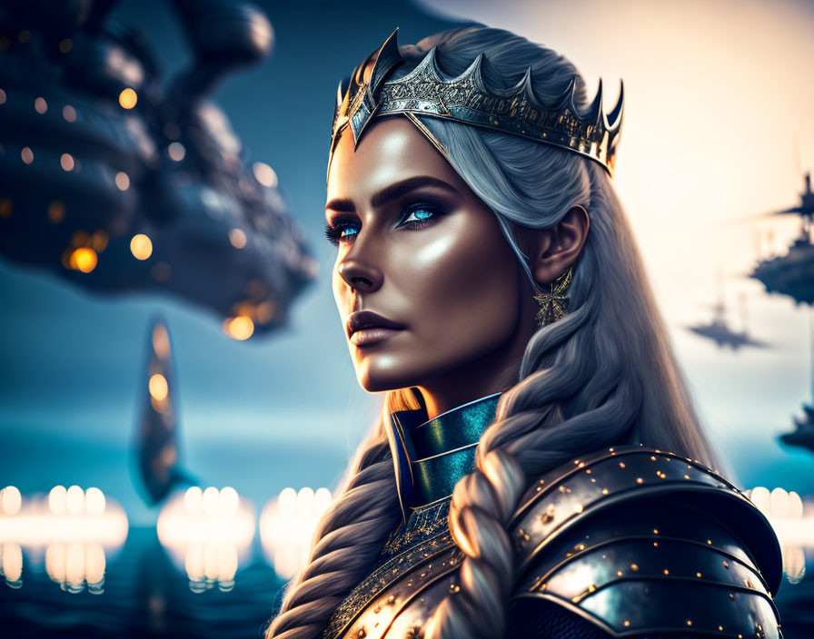 Regal woman with blue eyes in crown and armor under twilight sky