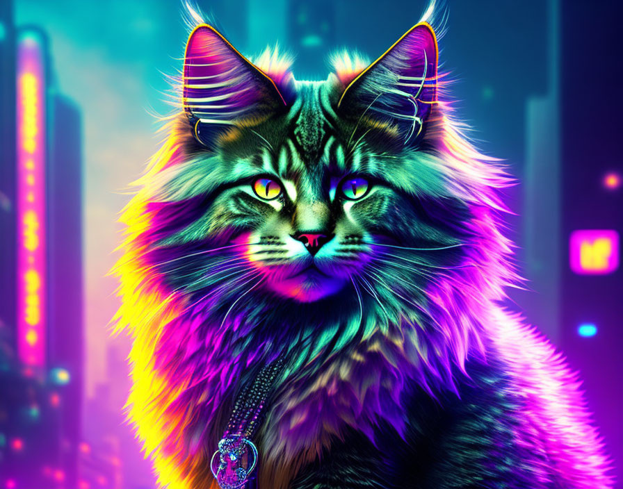 Colorful digital artwork: Majestic cat with green eyes in futuristic cityscape