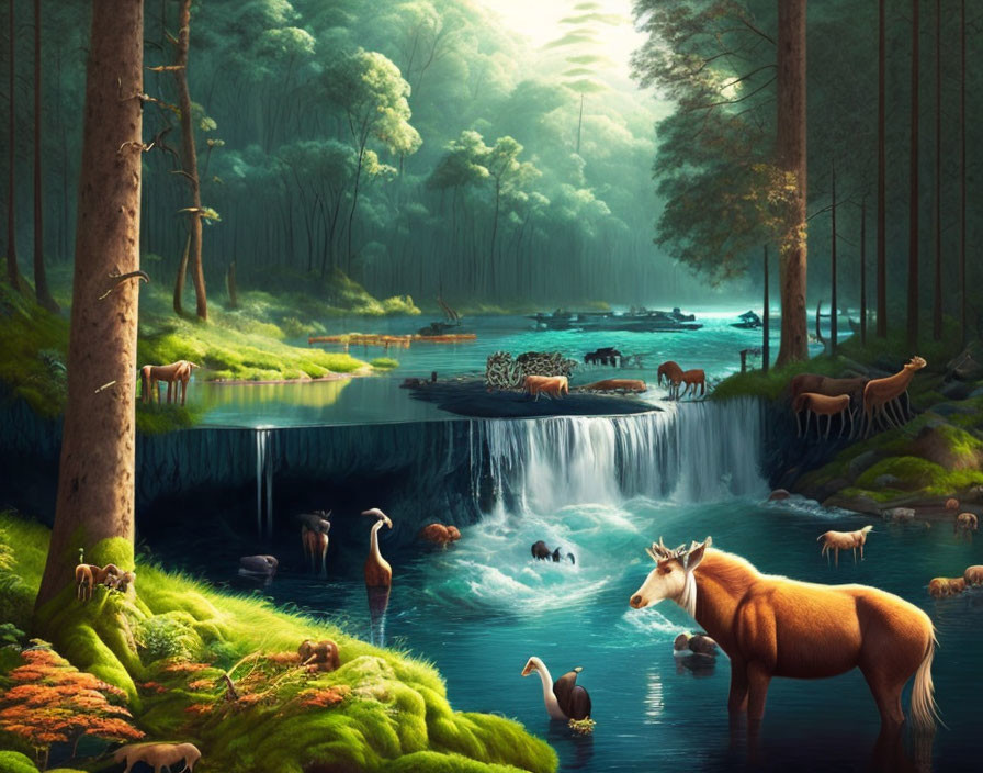 Enchanting forest scene with animals by waterfall in soft light