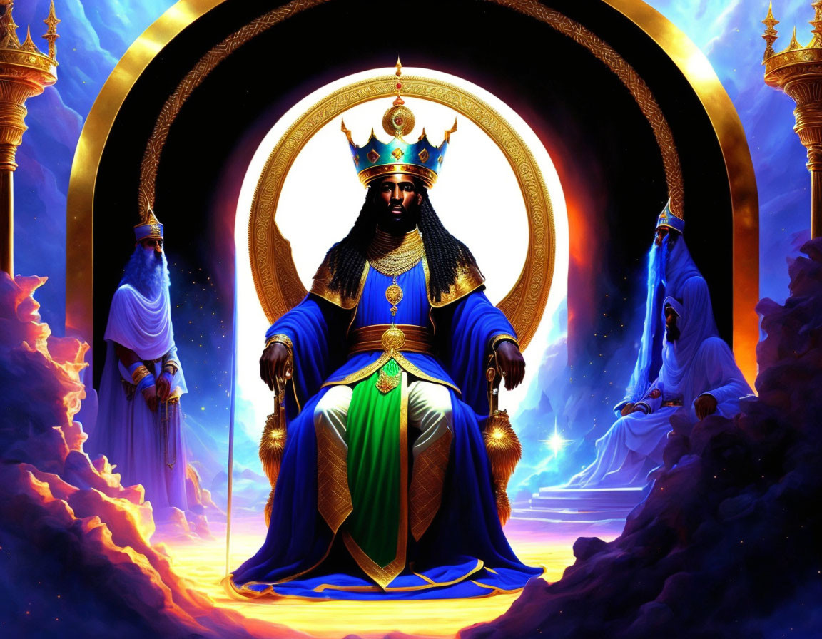 Royal figure in opulent robes on throne with celestial beings in mystical setting