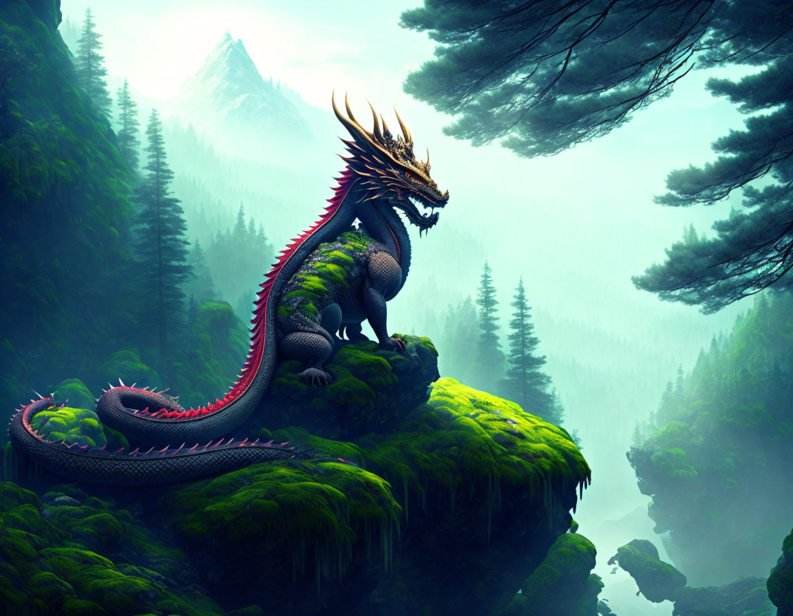 Majestic dragon on green cliff overlooking foggy forest landscape