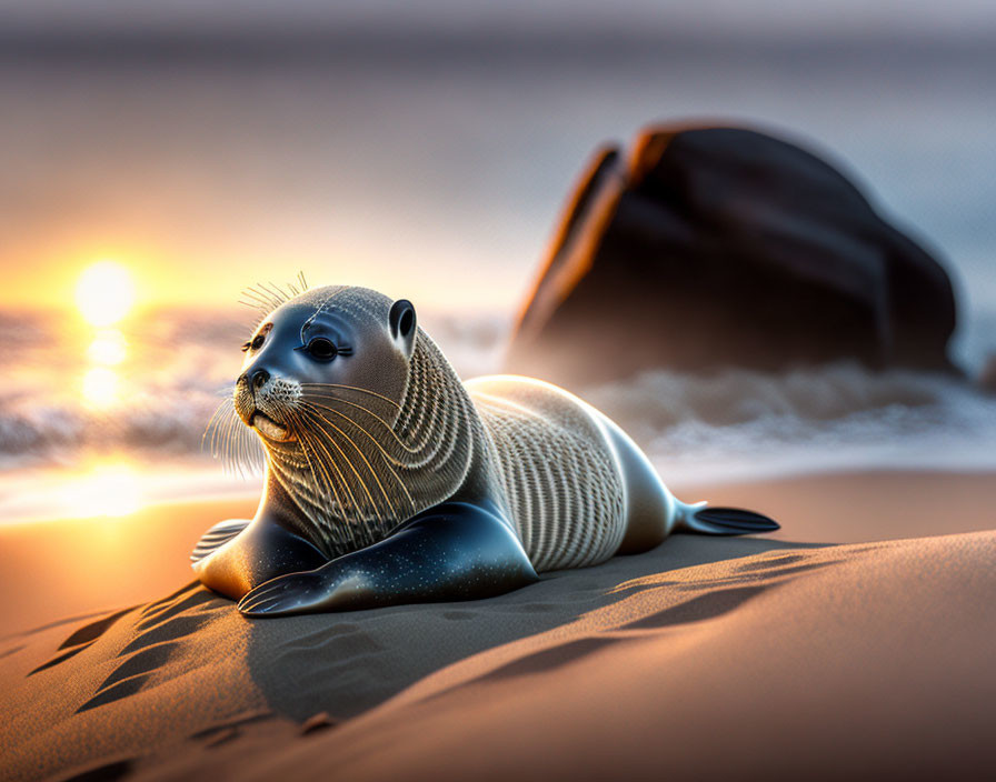 Seal resting on beach at sunset with detailed whiskers and glossy fur