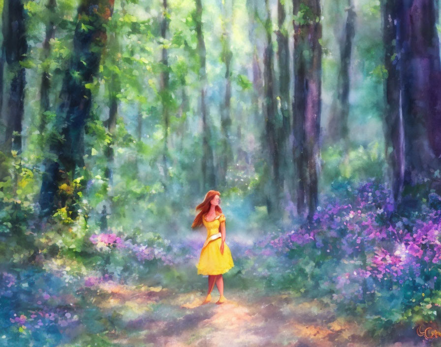 girl in yellow dress in forest