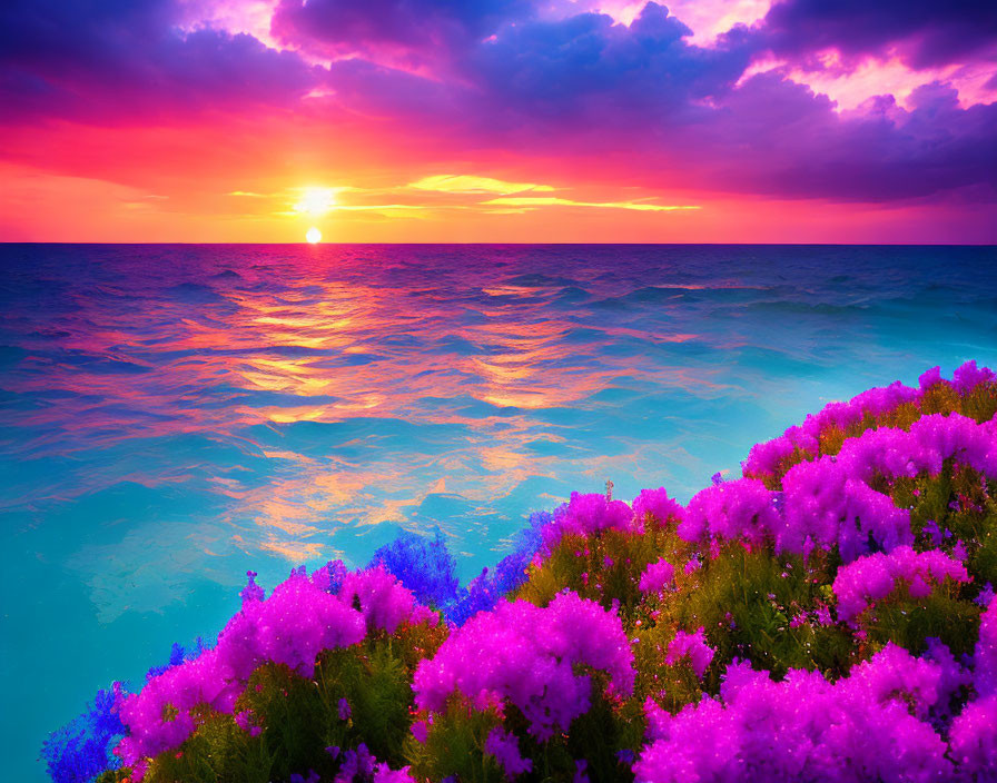 The sky is colourful and flowers bloom on the sea.
