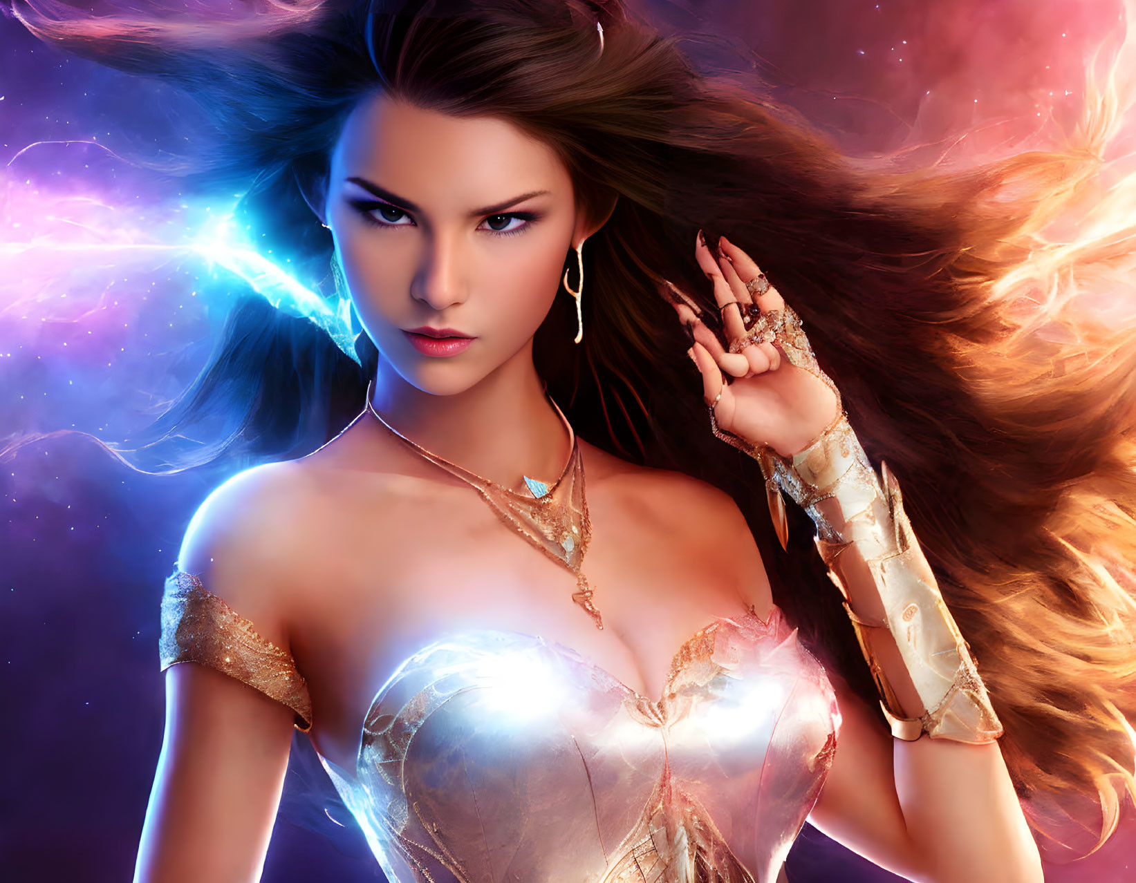 Fantasy digital art portrait of a woman with flowing hair and fiery background.