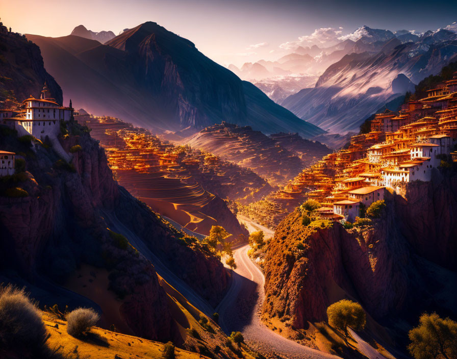 Mountain landscape at sunset: layered hills, winding road, traditional buildings.