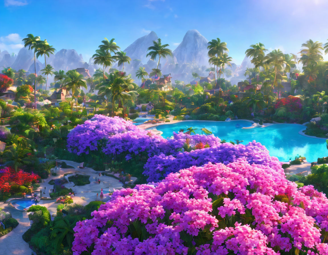 Vibrant tropical paradise with pink and purple flora, blue lagoon, winding paths, and majestic