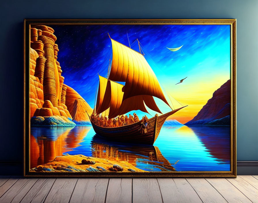 Ancient ship painting with billowing sails on calm blue water