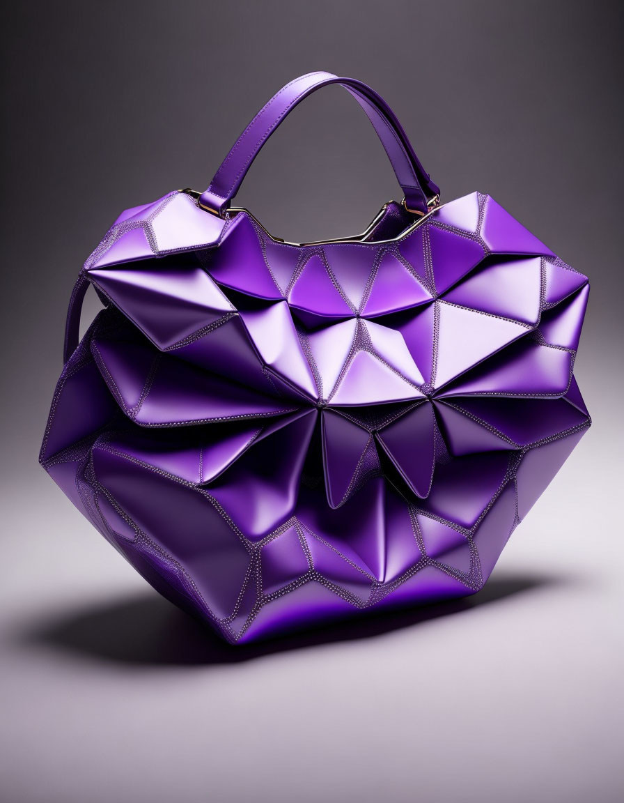 Metallic Purple Designer Handbag with Geometric Faceted Surface Pattern