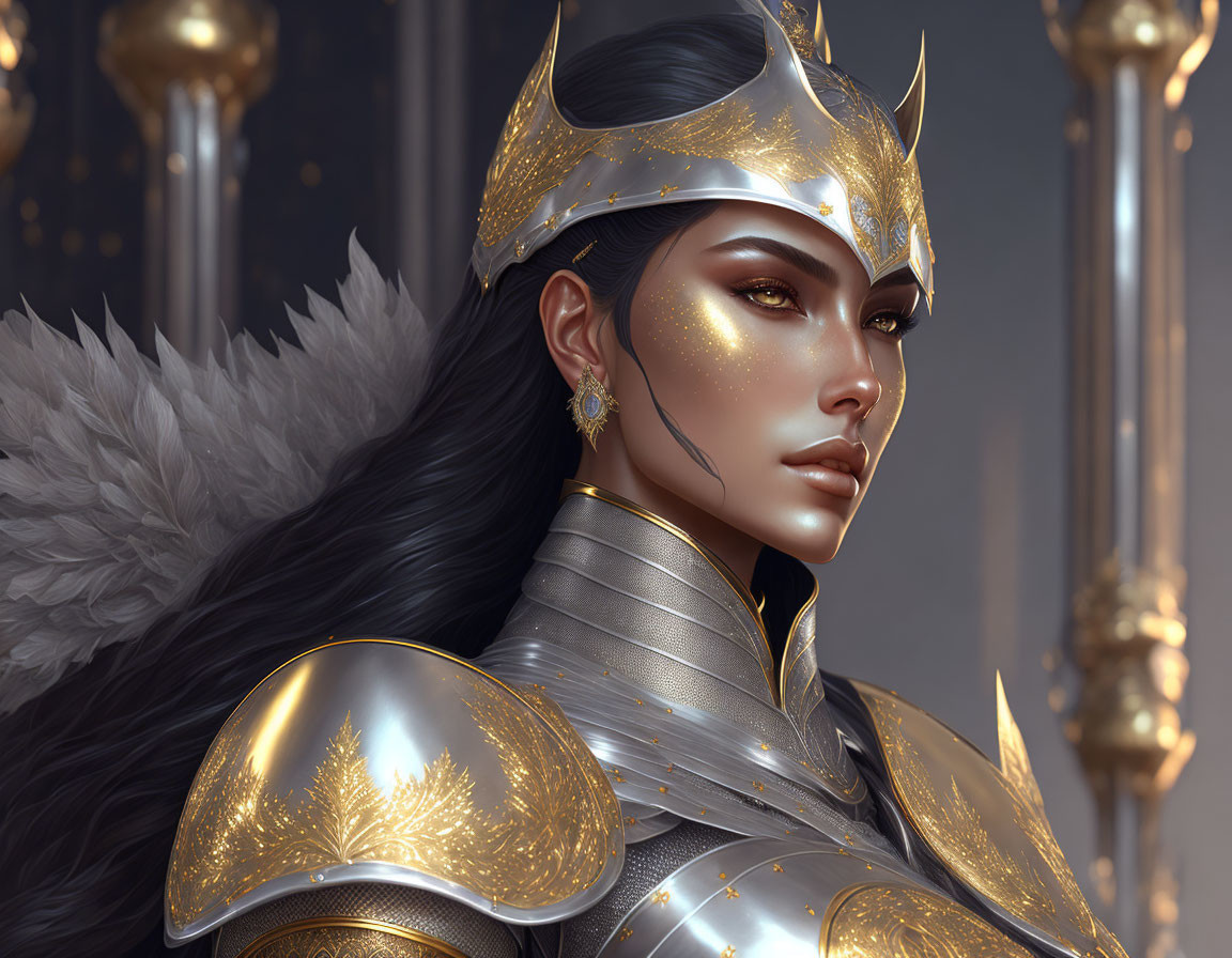 Regal woman in golden armor with winged helmet and stern expression
