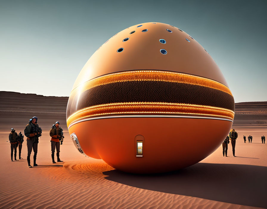 Futuristic metallic sphere with illuminated bands in desert setting