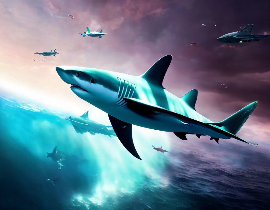 Giant shark swims in the sky with military jets at sunset
