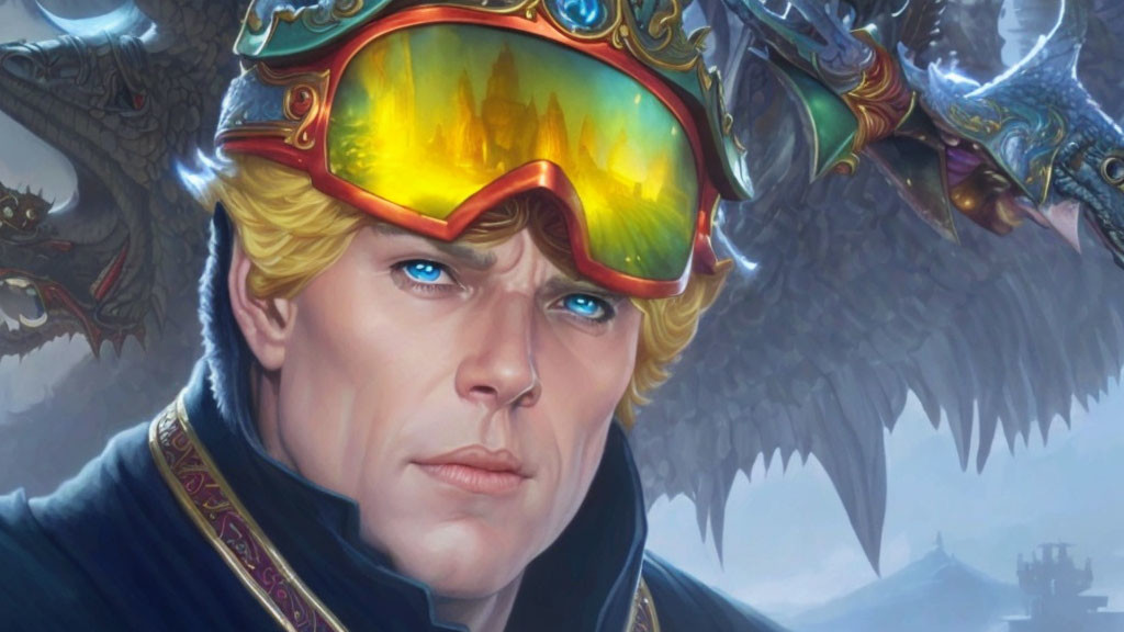 Digital artwork featuring man in golden helmet with reflective goggles, dragons in background