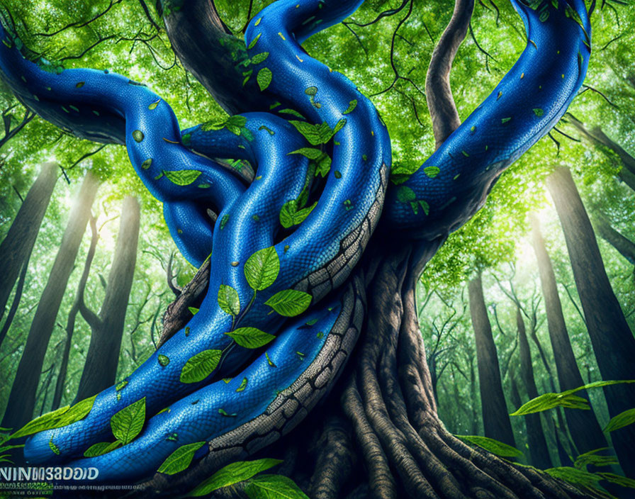 Blue and green patterned snake coiled around tree roots in misty forest