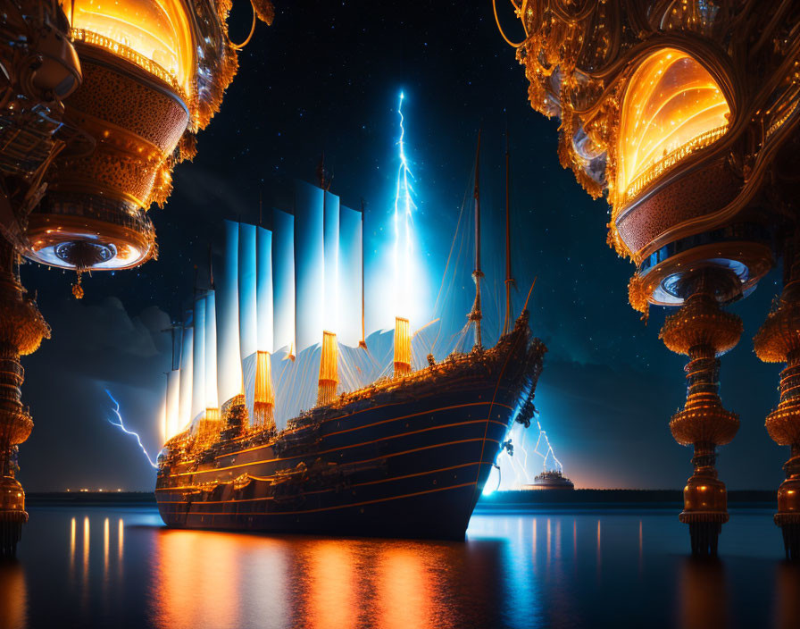 Majestic sailing ship at night on serene water with floating structures and starry sky.