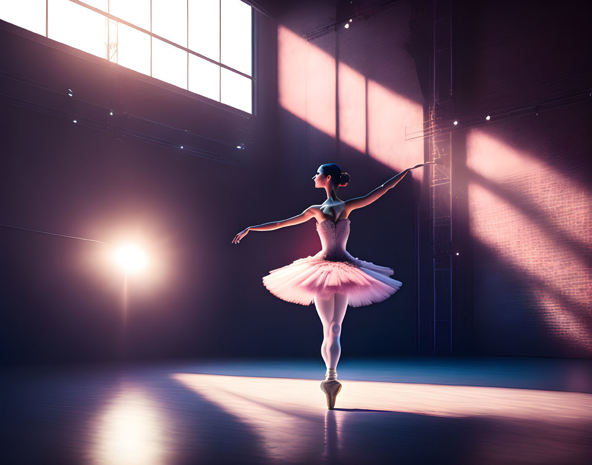 Pink tutu ballerina performs on pointe in dramatic studio spotlight