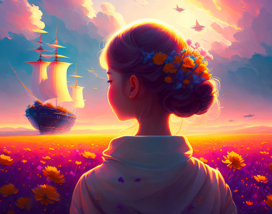 Girl with Flowers in Hair Gazing at Dreamy Sky with Flying Ships and Vibrant Sunset
