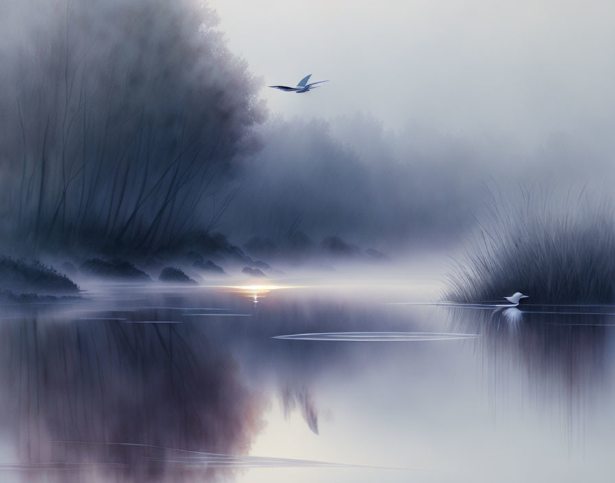Bird flying over misty lake at dusk or dawn with reeds and trees reflecting on water.