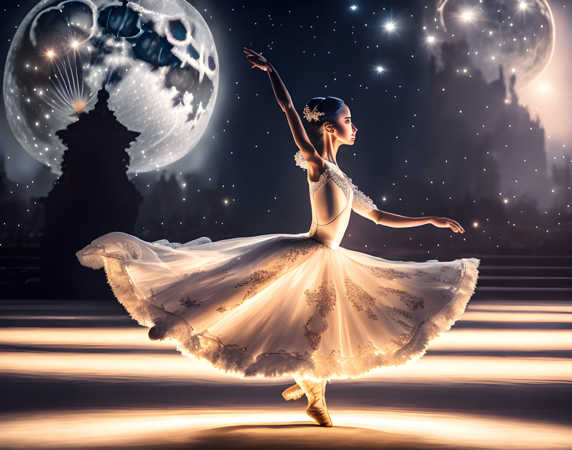 Ballerina in white costume dances on stage with stars and glowing orbs