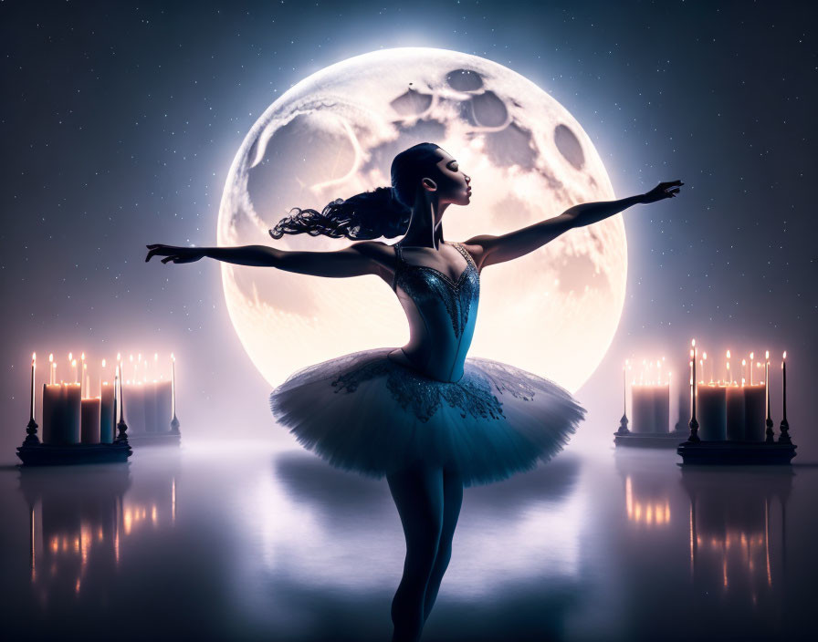 Ballerina posing against moon and candlelight
