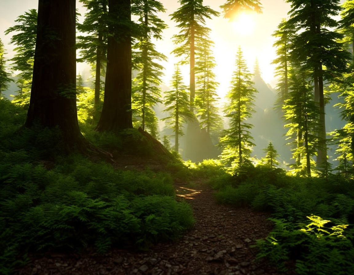 Tranquil forest pathway with towering trees and sunlight filtering through lush green ferns
