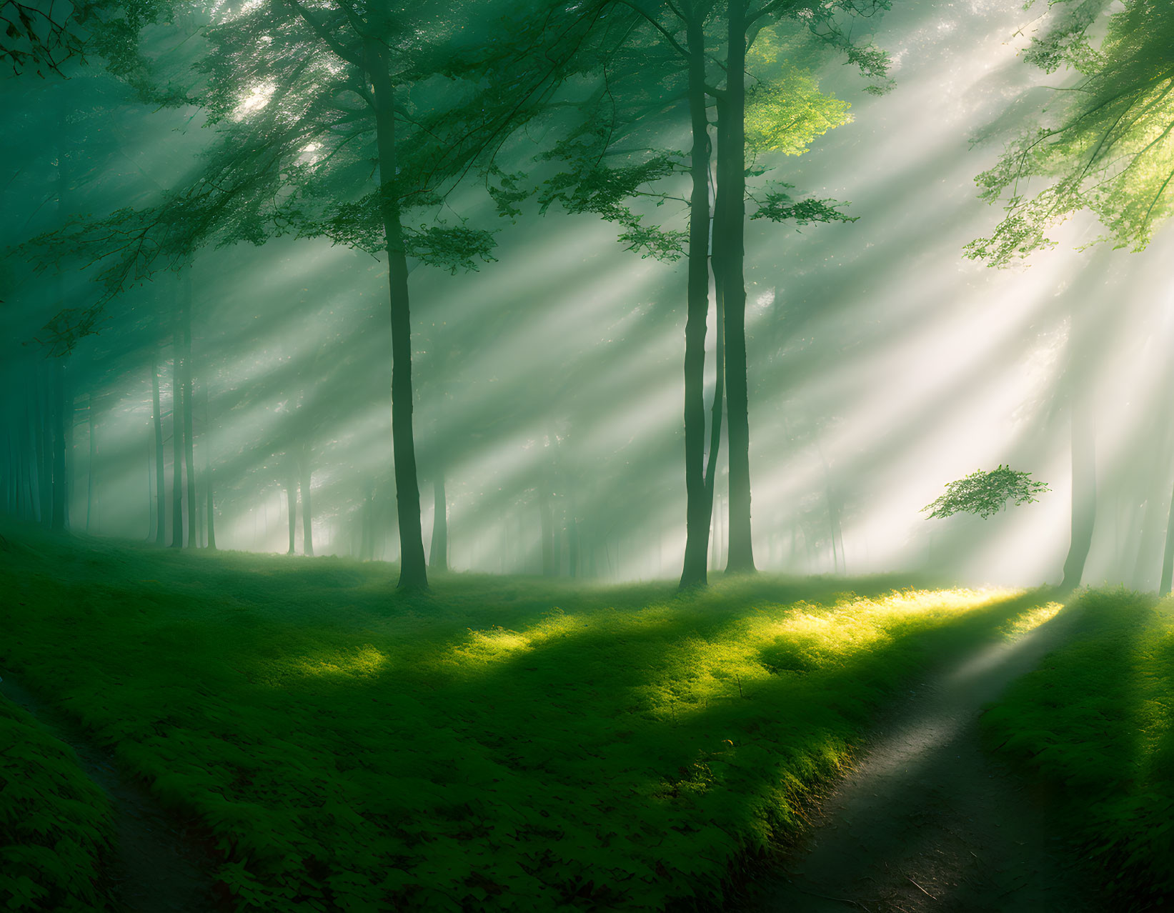 oak forest in fog with sunbeams