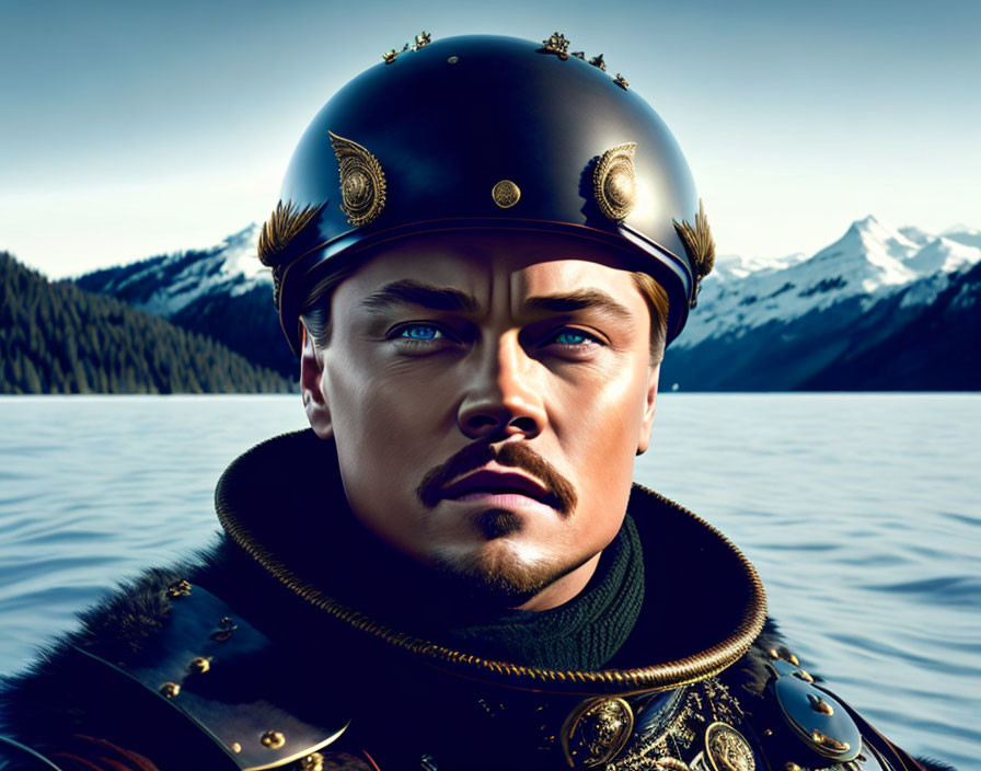 Man in historical military uniform with decorated helmet in mountain and water setting