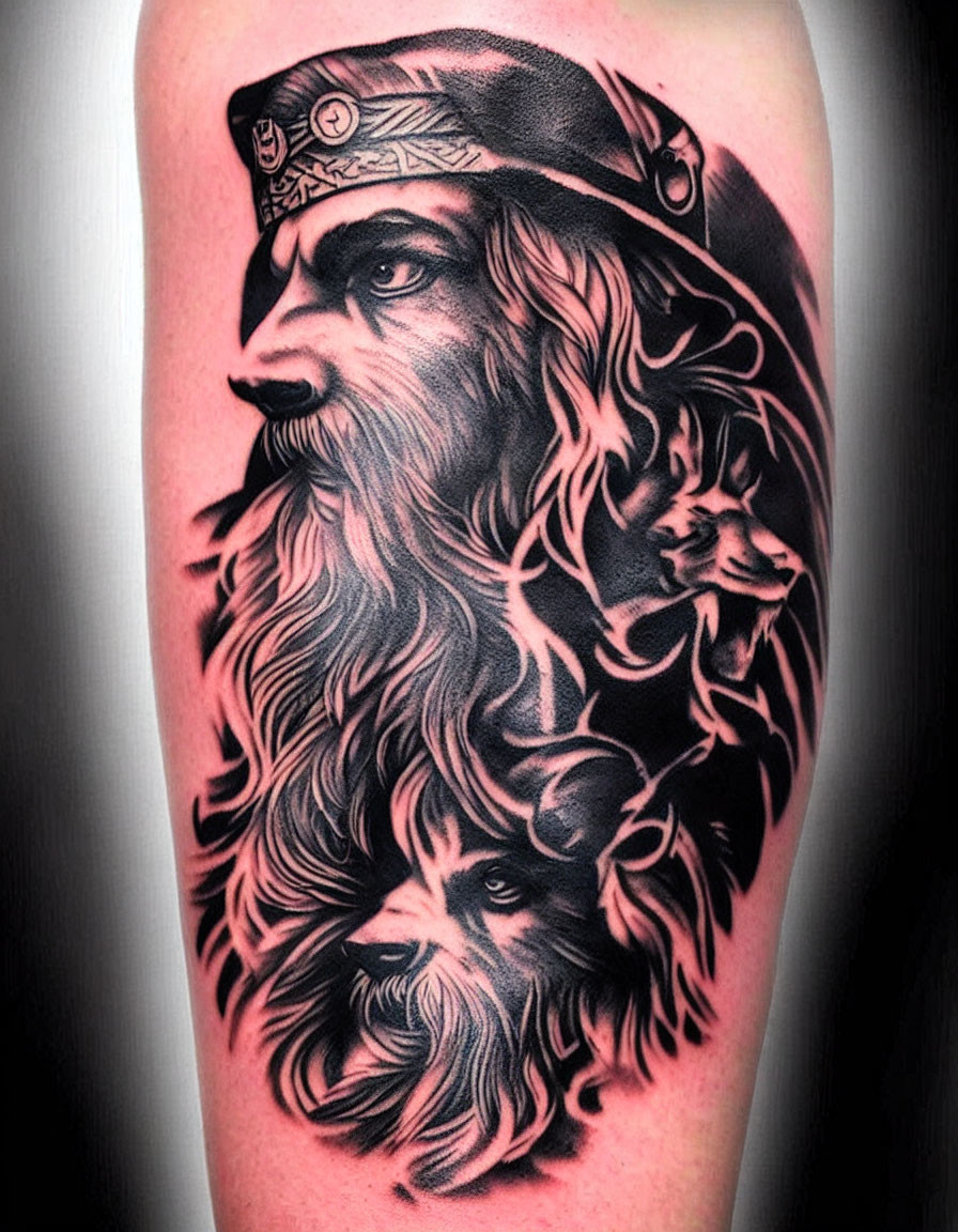 Detailed black and grey tattoo: Bearded man with bandana transforming into lion's mane on arm