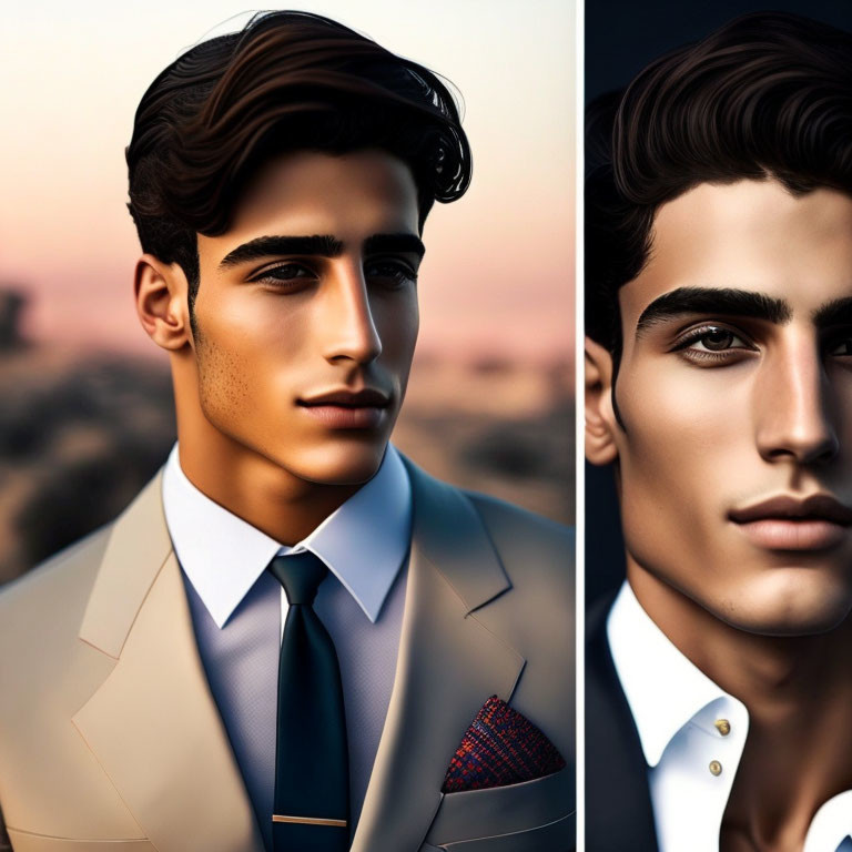 Stylized man in beige suit with slicked-back hair at sunset