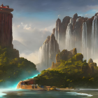 Alien landscape: red cliffs, waterfalls, greenery, blue lake, two moons