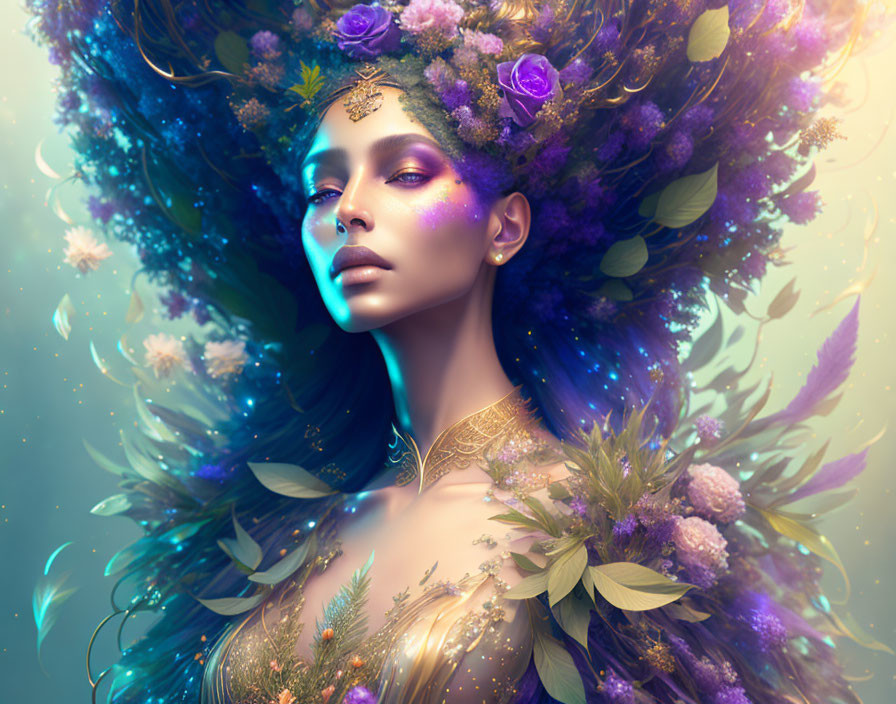 Fantasy artwork: Woman with flowery hair and gold jewelry in dreamy setting